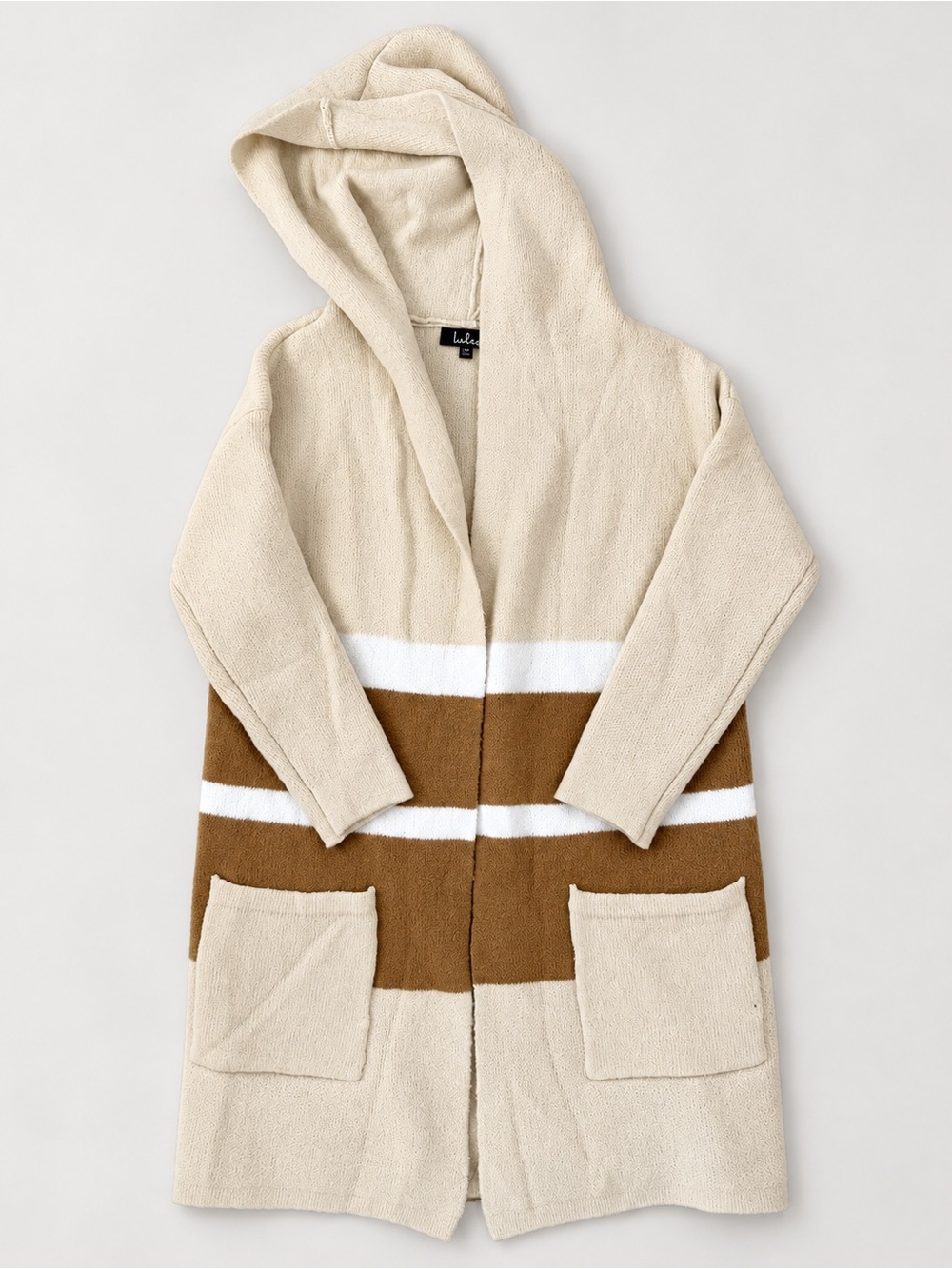 Lulu's Beige Hooded Open-Front Striped Coat with Brown & White Bands